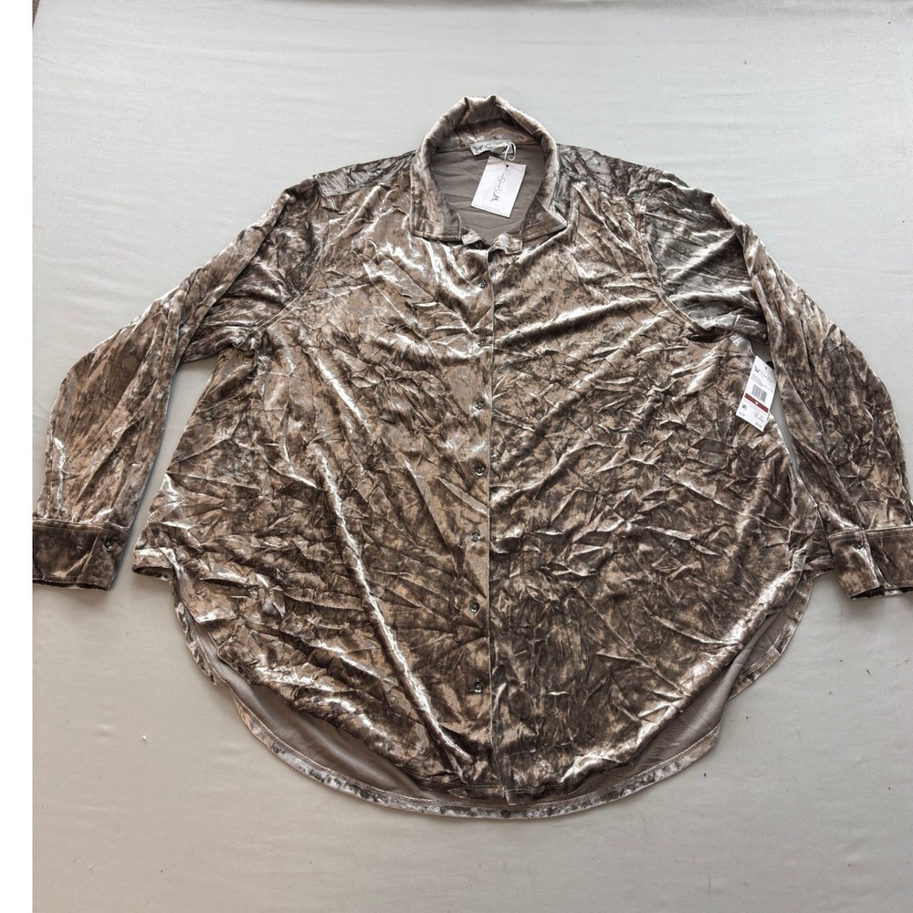 Jessica Simpson Crushed Velvet Button Down Shirt Champagne Taupe Long Sleeve M